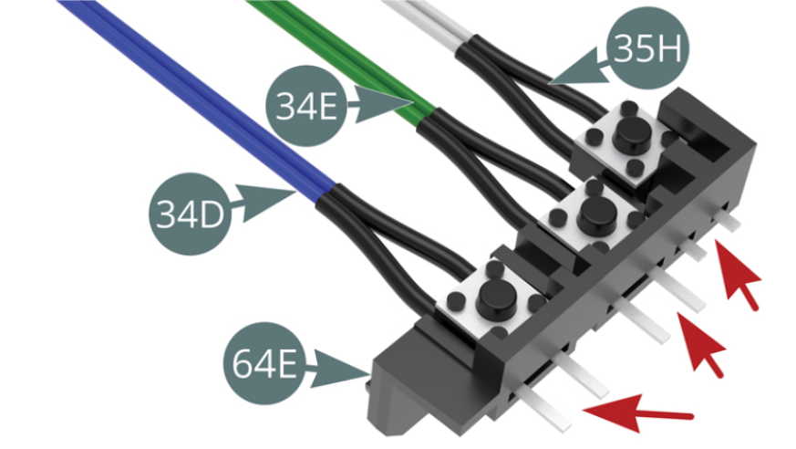 Insert the contact legs of the horn sound switch (34E / green), the light switch (35H / white) and the engine sound switch (34D / blue) into the corresponding slots in the switch panel (64E) (red arrows).