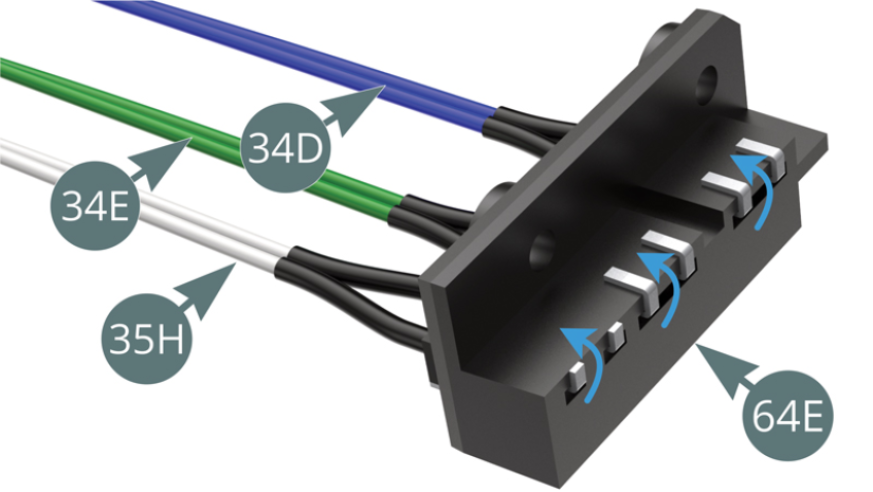 Bend the contact legs of the cables belonging to the horn switch (34E / green), light switch (35H / white) and engine sound switch (34D / blue) over the top edge of the switch panel (64E) - (blue arrows).