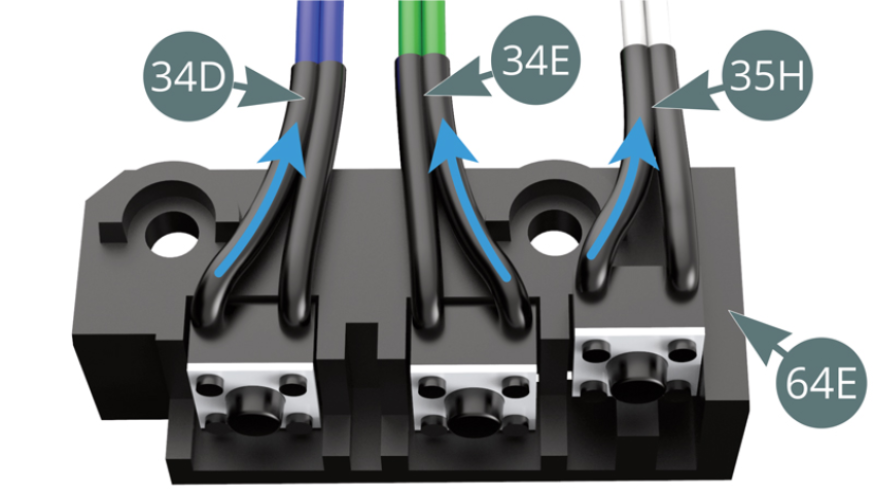 Bend the black ends of the cables of the horn switch (34E / green), light switch (35H / white) and engine sound switch (34D / blue) to fit around the two fixing holes in the switch panel (64E) - (blue arrows).