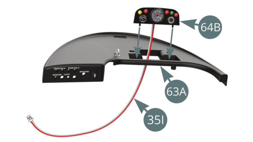 Position the instrument panel (64B) on the dashboard (63A) by passing the instrument backlight LED cable (35I) through the opening provided.Position the instrument panel cover (64A) over the instrument panel (64B) and onto dashboard (63A) and secure it from below with two screws A.