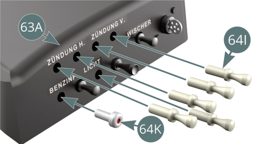 Install the fuel pump contactor (64K) and the five interrupters (64I) on the dashboard (63A).