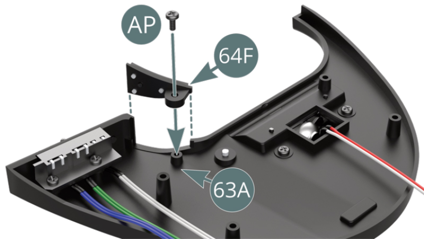 Mount the switch panel (64F) on the dashboard (63A) and secure with an AP screw. Bundle the blue, green, white and red-white cables and route them towards the left-hand side of the dashboard (63A).