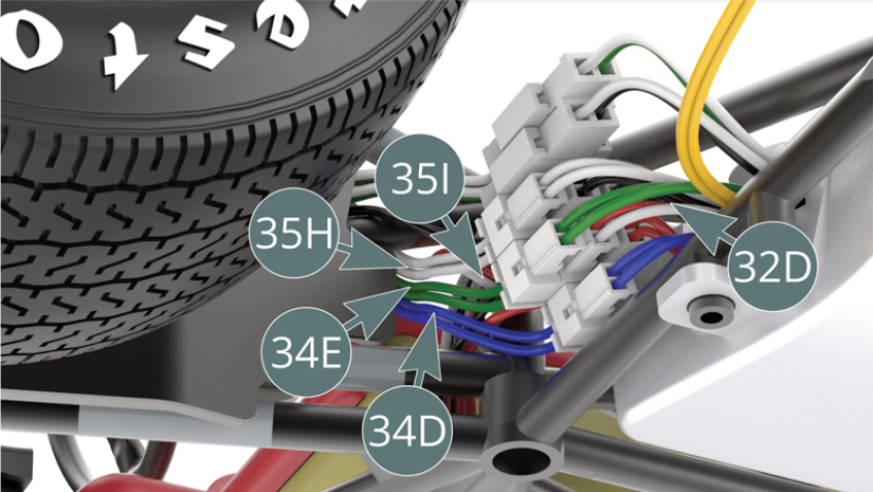 Connect the wires (35I - red-white), (35H - white), (34E - green) and (34D - blue) from the dashboard to the four wires of the corresponding colour from the PCB (32D) . At present, only the yellow wire is not connected.