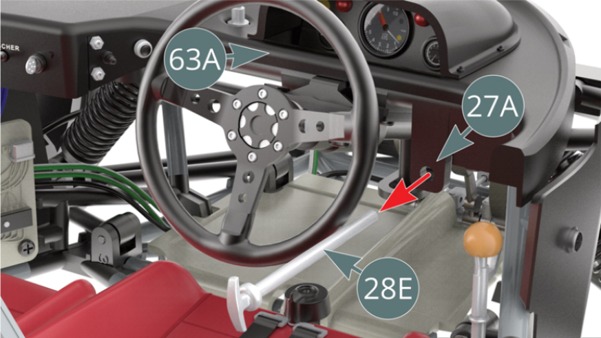 With the dashboard (63A) positioned on the dashboard frame (27A), remove (temporarily) the fire extinguisher pull tab (28E). 