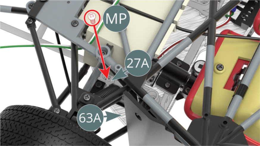 Attach the dashboard (63A) to the dashboard frame (27A) at the right front wheel with an MP screw. Replace the fire extinguisher pull tab (28E) on the dash frame (27A).