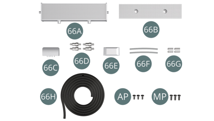 66A Water radiator66B Radiator front panel66C Radiator left side66D Coupling (x 4)66E Radiator right side66F Metal hose (x 2)66G Connector (x 4)66H Water pipeAP Screw M 1,7 x 4 mm (x 3)MP Screw M 2,0 x 5 mm (x 3)