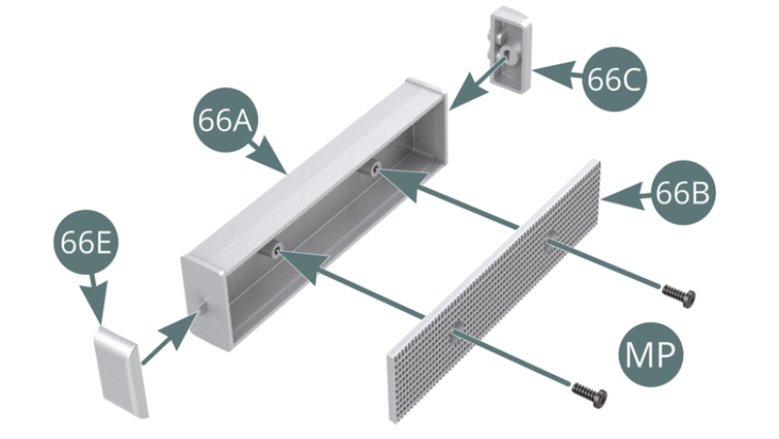 Position the radiator front panel (66B) on the water radiator (66A) and secure it with two MP screws. Position the left (66C) and right (66E) sides onto the water radiator (66A).