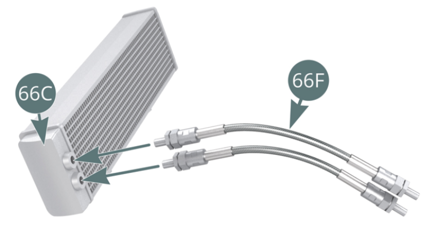 Connect the two metal hoses (66F) to the water radiator (66A) using the two couplings (66D). Position the water radiator (66A) onto the front flat bottom (65A) and secure it with two AP screws.