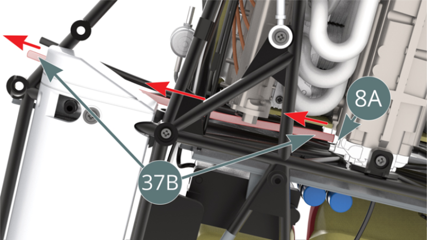 Turn the car upside down and detach the water hose (37B)  from the nozzle of the water pump housing (8A) - red arrow -  DO NOT remove the second hose (green arrow), as it will be used to connect to the Oil Tank in a later stage. Then cut two lengths each of 285 mm from the water pipe roll (66H).