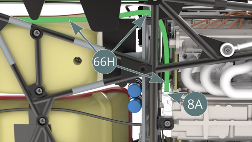Position one of the two cutted lengths of water hose (66H) over the nozzle of the water pump housing (8A) - from which the oil hose (37B) has just been removed - and then run it under the edge of the cockpit bulkhead (54A) - illustrations opposite and below.