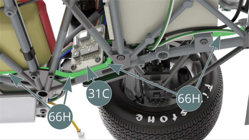 Slide the water hose (66H) underneath the wiring board (31C) before passing it any further. Position the water hose (66H) onto the bottom coupling (66D).