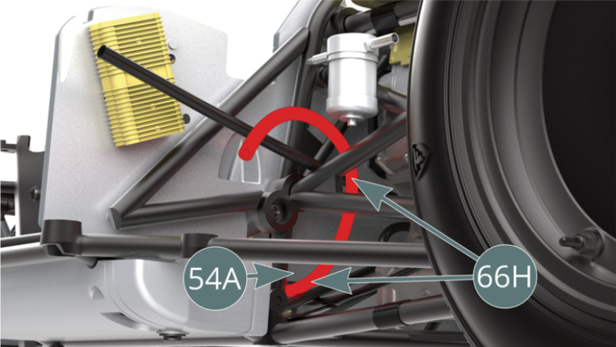 Run the second cut length of the water hose (66H) under the left lower side of the cockpit bulkhead (54A). Leave the end hanging loose, as this will be connected in a later stage. There should be two free water pipes (66H and 37B) as shown. Continue running the water pipe (66H) alongside the passenger seat (shown opposite and below).