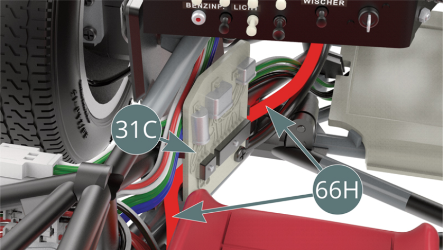 Slide the water hose (66H) behind the wiring board (31C) before extending it further. Position the water hose (66H) onto the top coupling (66D).