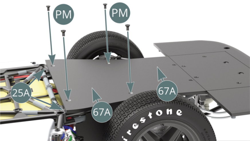 Complete the fixation of the flat cockpit floor (67A) to the lower frame (25A) with four additional PM screws.