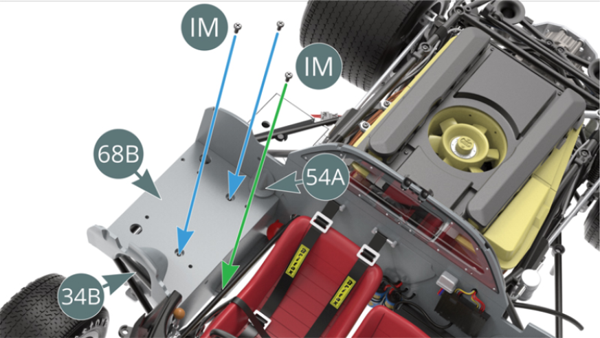 Attach the right cockpit housing (68B) to the chassis (34B) with two IM screws (blue arrows) and to the lower frame (25A) with one IM screw (green arrow). Please refer to the illustrations on the right and in the previous step.