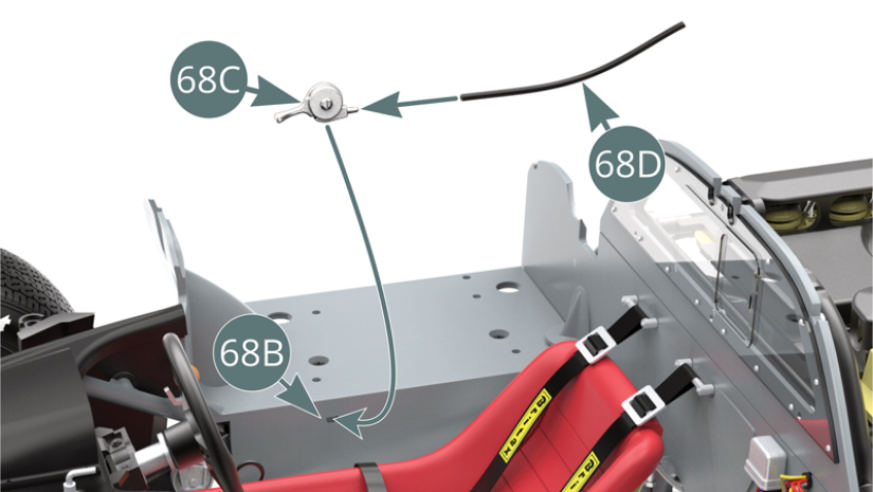 Position the handbrake cable (68D) onto the handbrake (68C), then position the assembly onto the right-hand cockpit housing (68B). Position the free end of the handbrake cable on the pin situated on the cockpit bulkhead (54A).