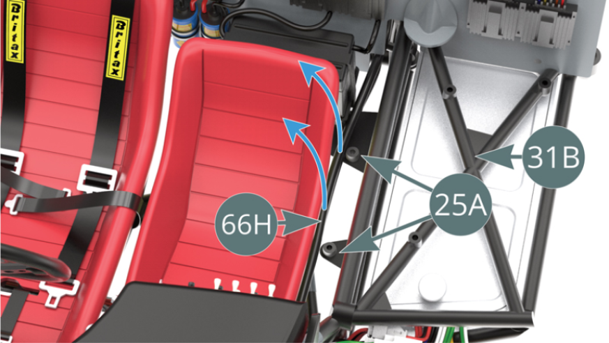 Before installing the left cockpit housing (68A) - shown next - tighten the two water hoses (66H) along the passenger seat. Position the left cockpit housing (68A) onto the lower frame (25A) and chassis (31B), ensuring that the rear edge slides under the reinforcement of the cockpit bulkhead (54A) - blue arrow.