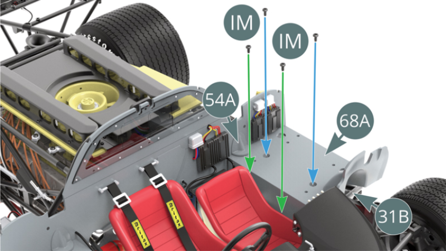 Attach the left cockpit housing (68A) onto the chassis (31B) with two IM screws (blue arrows) and onto the lower frame (25A) with one IM screw (green arrows). Consult the illustrations below and in the previous step. Replace the two water hoses (66H) against the left cockpit housing (68A).