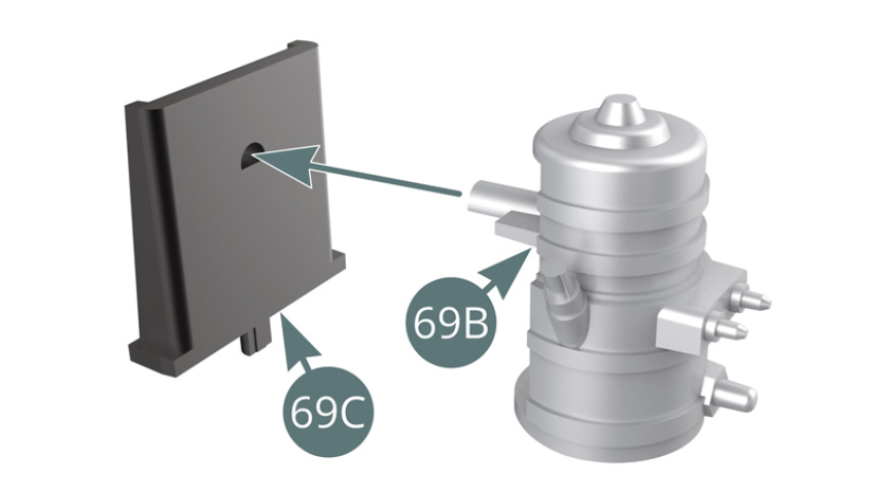 Position the fuel pump (69B) on the protective shield (69C). Position the shield (69C) and pump onto the left side platform (69A).