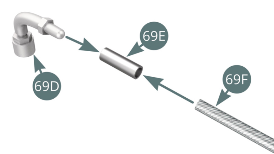 Position the shielded fuel line (69F) onto the pump coupling (69D) via the connector (69E). Position the pump connector (69D) onto the fuel pump (69B).