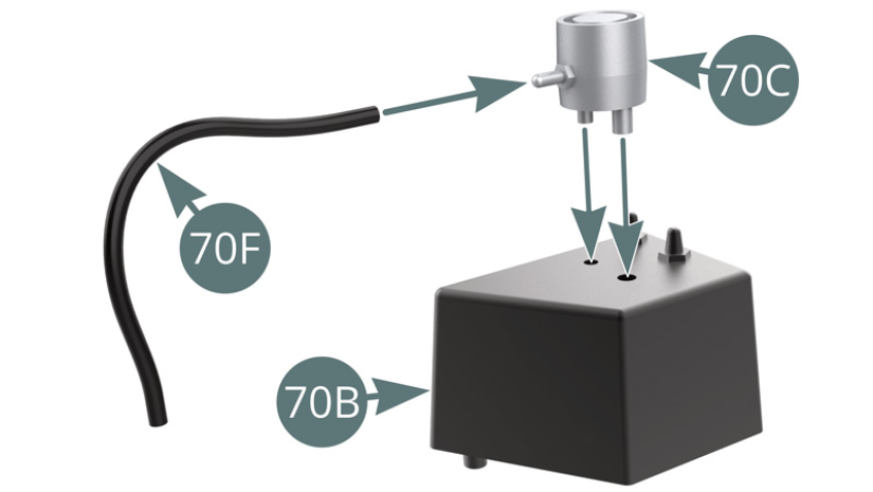 Position the fuel hose (70F) onto the fuel cap (70C). Position the cap (70C) onto the fuel manifold (70B). Position the fuel manifold (70B) on the left side platform (69A). Connect the fuel hose (70F) to the pin positioned on the left side platform (69A).