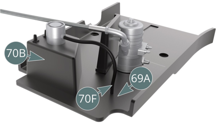 The fuel manifold (70B) and fuel hose (70F) are attached to the left side platform (69A). Position the electrical switch (70D) on the oil tank support frame (70A).