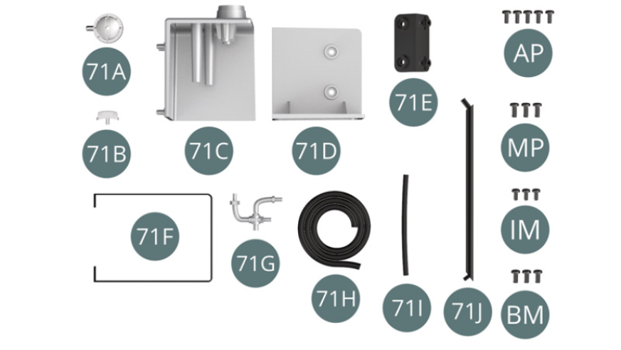71A Oil filler cap 71B Handle 71C Oil tank body 71D Oil tank body 71E Bracket 71F Strap 71G Thermostat 71H Oil hose 71I Oil hose 71J Arm AP Screw M 1.7 x 4 mm (x 5) MP Screw M 2.0 x 5 mm (x 3) IM Screw M 1.7 x 3.5 mm (x 3) BM Screw M 2.0 x 4 mm (x 3)