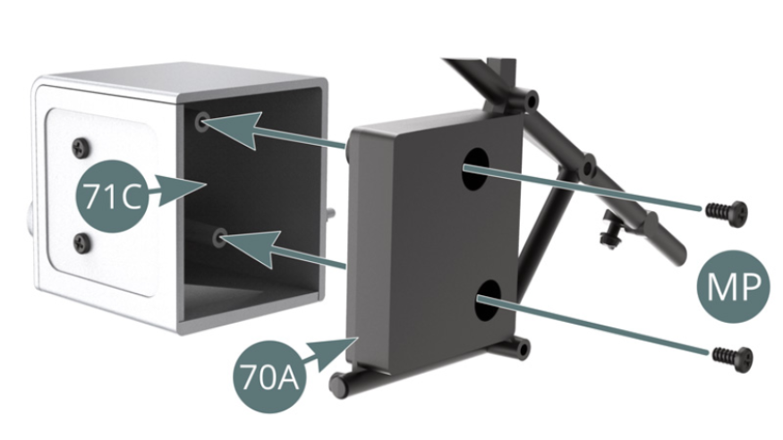 Position the oil tank support frame (70A) on the oil tank body (71C) and secure with two MP screws. Position the thermostat (71G) on the tubular bar of the oil tank support frame (70A). Place the strap (71F) over the oil tank (71C) and the oil tank support frame (70A)