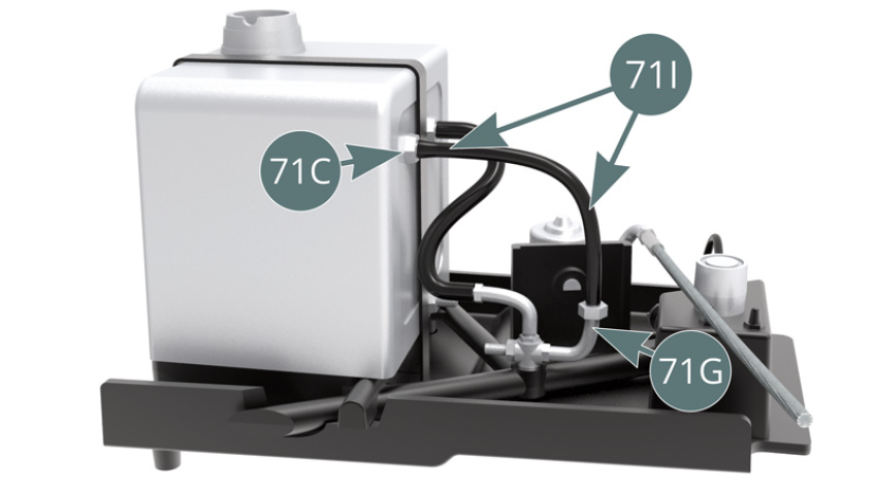 Position the oil hose (71I) between the oil tank nozzle (71C) and the thermostat (71G).