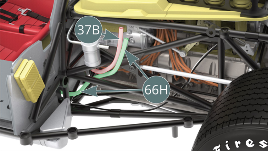 Point the oil line (37B) - highlighted in red - and the water line (66H) - highlighted in green - upwards as shown.