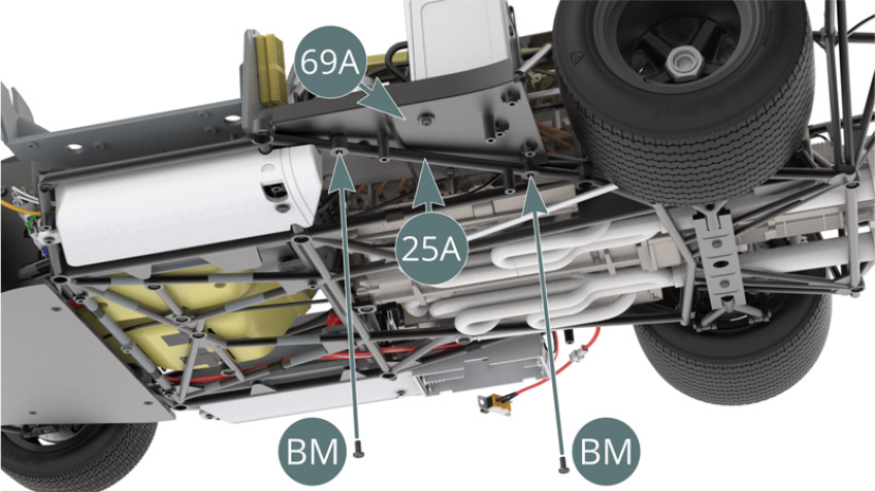 Attach the left side platform (69A) to the lower frame (25A) with two screws BM.