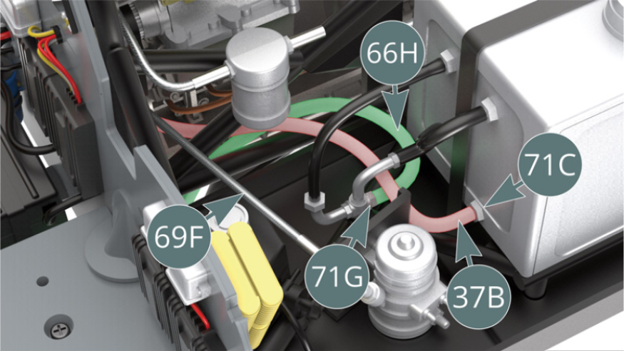 Position the water hose (66H) - highlighted in green - on the thermostat (71G) and the oil hose (37B) - highlighted in red - on the oil tank nozzle.