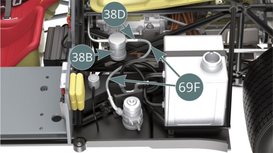 Position the shielded fuel line (69F) onto the connector (38D) of the fuel filter (38B).