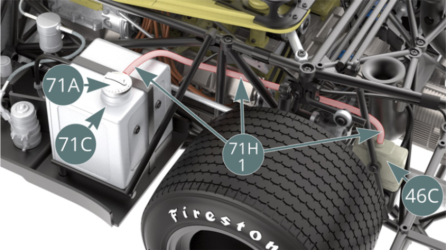 Position the oil filler cap (71A) on the oil tank (71C) and guide the oil hose (71H-1) - highlighted in red - through the engine tube frame to secure it above the engine oil tank cover (46C)