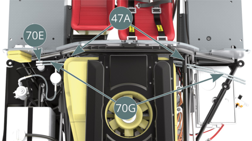 Guide the two shielded fuel lines (70G) (with their 70E fittings) to the left side and front of the engine, passing over the tubular bars of the upper frame (47A). Position the two fittings (70E) - highlighted in red - of the shielded fuel lines (70G) on the fuel manifold (70B) - highlighted in grey.
