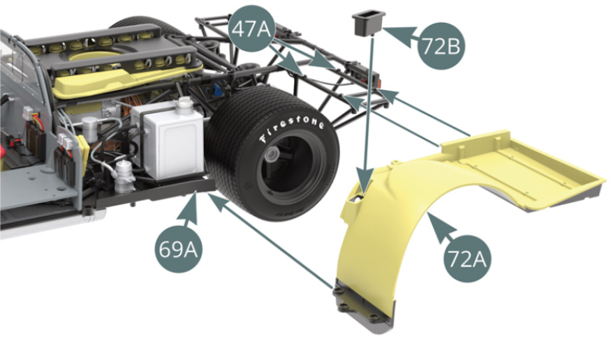 Position the rear brake cooling valve (72B) on the left rear wheel arch (72A). Position the left rear wheel arch (72A) on the upper frame (47A), placing its front bracket under the left lateral platform (69A). Secure the left rear wheel arch (72A) to the upper frame (47A) with five IM screws.