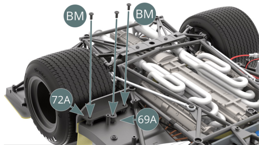Flip the car over and secure the front left rear wheel arch support (72A) to the left side platform (69A) with three BM screws.
