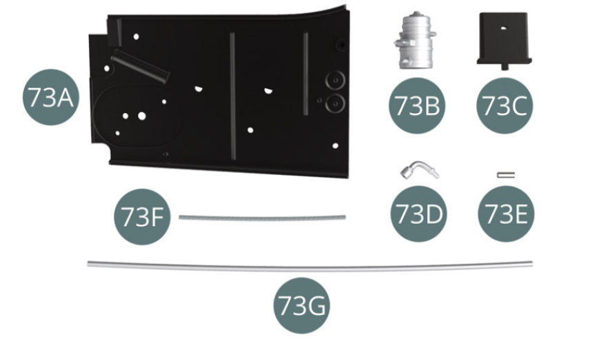 73A Platform right side 73B Fuel pump 73C Protective shield 73D Pump coupling 73E Connector 73F Shielded fuel line 73G Fuel line