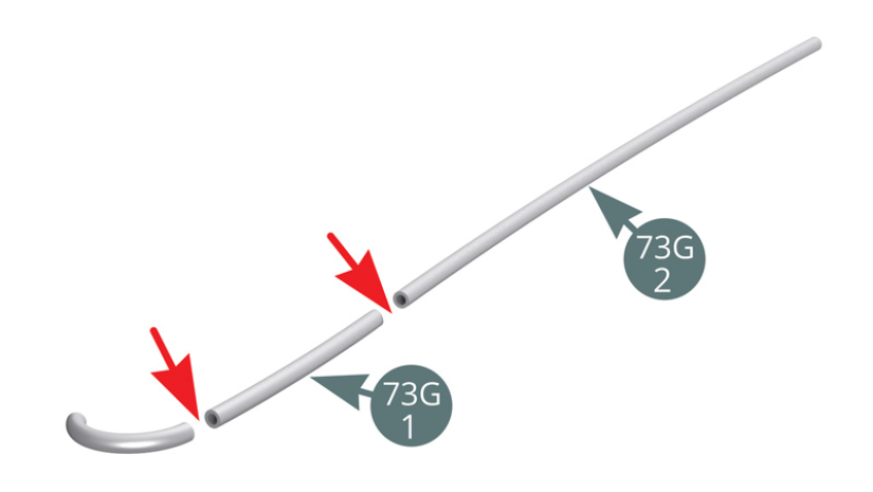 Cut two sections from the fuel line (73G): 73G-2 90 mm and 73G-1 50 mm. Connect the fuel line (73G-2) onto the nipples of the right side platform (73A).