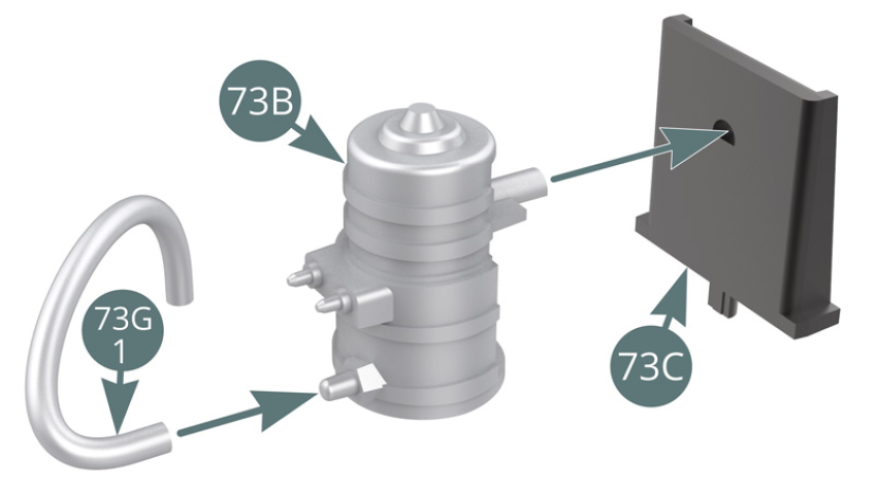 Position the fuel pump (73B) on the protective shield (73C) after connecting the fuel line (73G-1) to the nipple located at the bottom of the pump. Position the protective shield (73C) on the right side platform (73A) and connect the fuel line (73G-1) to the nipple shown.