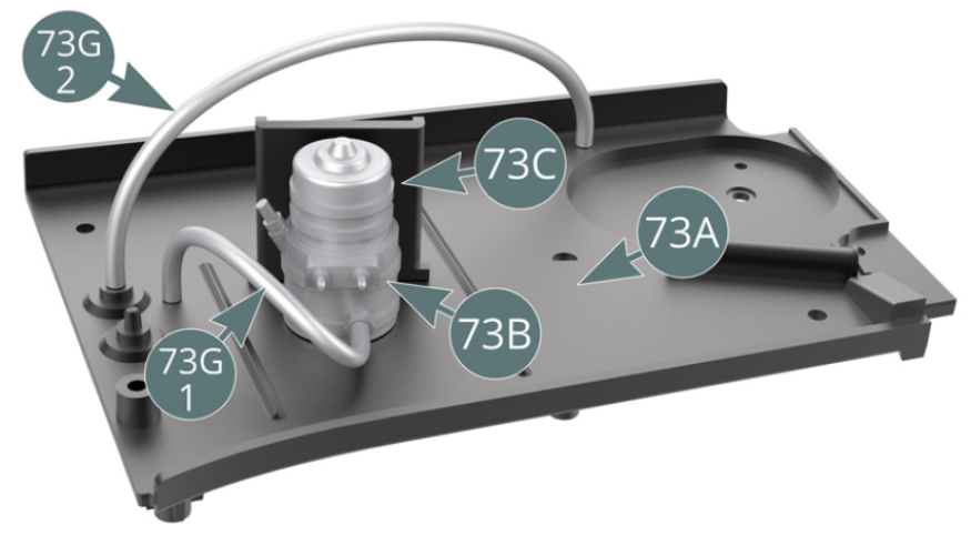 The fuel pump (73B) is installed onto the right side platform (73A). Position the shielded fuel line (73F) onto the pump coupling (73D) via the coupling (73E).
