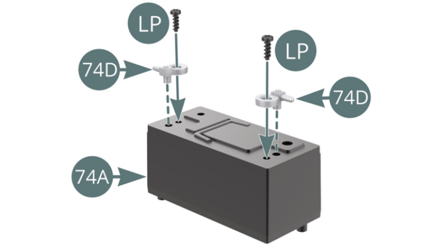Position the two battery terminals (74D) on top of the battery (74A) and secure with two LP screws. Place the cover (74C) on the battery (74A).