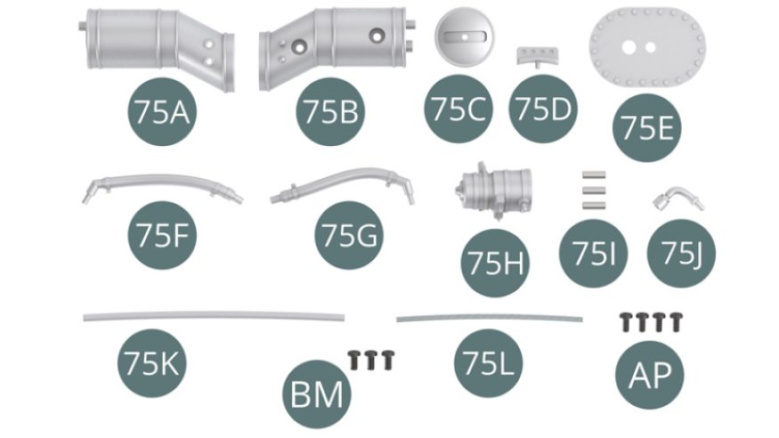 75A Fuel filler neck 75B Fuel filler neck 75C Fuel filler cap 75D Handle 75E Tray 75F Discharge pipe 75G Discharge pipe 75H Fuel pump 75I Connector (x 3) 75J Pump connector 75K Fuel line 75L Shielded fuel line BM Screw M 2.0 x 4 mm (x 3) AP Screw M 1.7 x 4 mm (x 4)