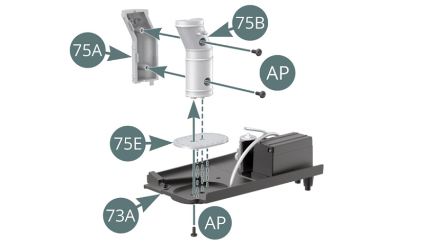 Assemble the two filler neck halves (75A & 75B) and secure with two AP screws. Position the filler neck (75B) on the right side platform (73A), inserting the tray (75E), and secure with an AP screw. Connect the discharge hoses (75F & 75G) to the filler neck (75A) and the nipples on the side platform.