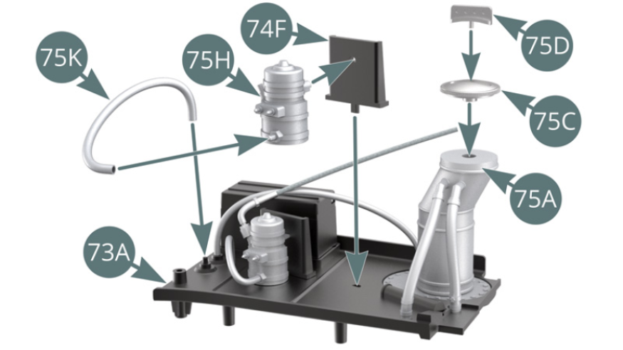 Position the handle (75D) on the filler cap (75C), then position the filler cap onto the filler neck (75A). Position the fuel pump (75H) on the protective shield (74F). Connect the fuel line (75K) to the pump (75H). Position the protective shield (74F) on the right side platform (73A) and connect the free end of the fuel line (75K) to the designated nipple. Position the right side platform (73A) on the crossbar of the lower frame (25A) and the top panel (33A) of the right fuel tank.