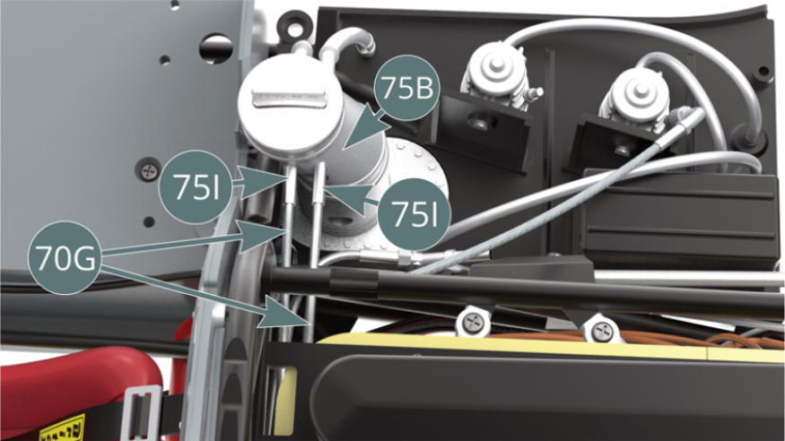 Connect the two shielded fuel lines (70G) to the nipples at the filler neck (75B) via the connectors (75I). Position the shielded fuel line (75L) onto the pump connector (75J) via the connector (75I).