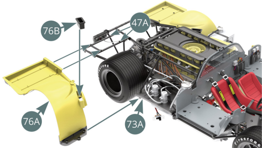 Position the rear brake cooling bailer (76B) on the right rear wheel arch (76A). Position the right rear wheel arch (76A) on the upper frame (47A), placing its front support under the right side platform (73A). Secure the right rear wheel arch (76A) to the upper frame (47A) with five IM screws.