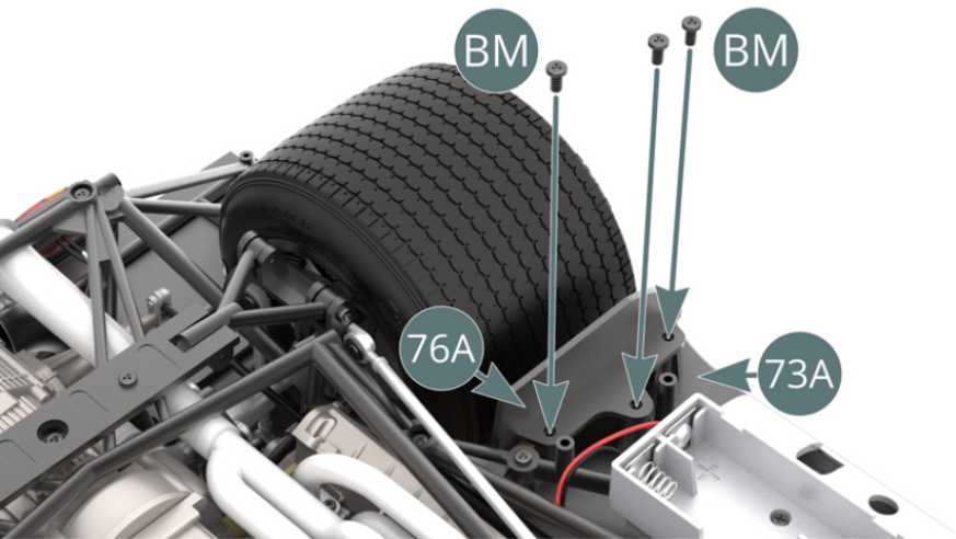 Flip the car over and attach the right rear wheel arch front bracket (76A) to the right side platform (73A) with three BM screws.
