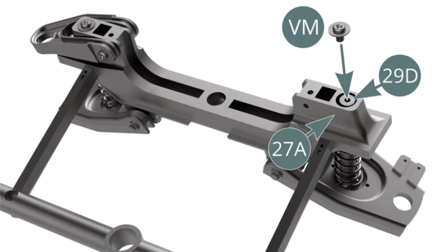 Attach the end of the strut (29D) to the front frame cross bar (27A) with a VM screw. Attach the lower right suspension arm (29B) to the front frame cross bar (27A) with two GM screws.