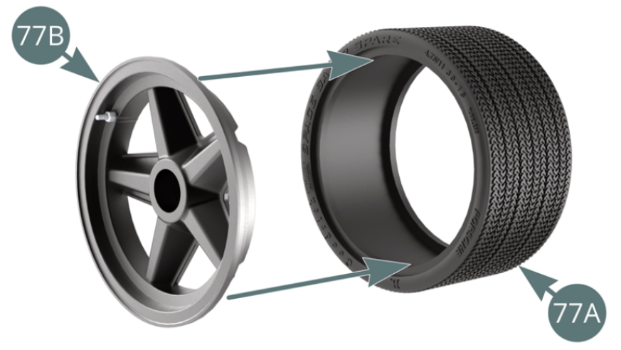 Position the outer wheel rim (77B) into the spare tyre (77A). Position the inner wheel rim (77C) into the spare tyre (77A), aligning it with the outer rim (77B) and secure it with three BM screws.